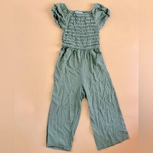 Kids smocked Playsuit olive green with rainbow top stitch
